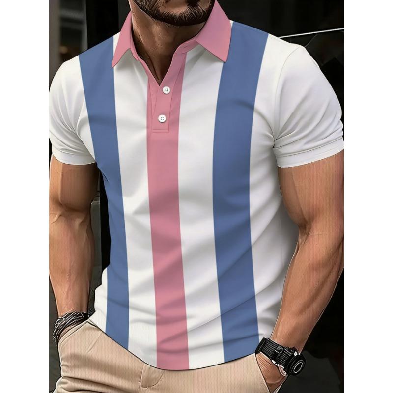 Summer New Style Men's Short-Sleeved Polo Shirt with 3D Vertical Pattern Print - Street Casual Fashionable and Comfortable