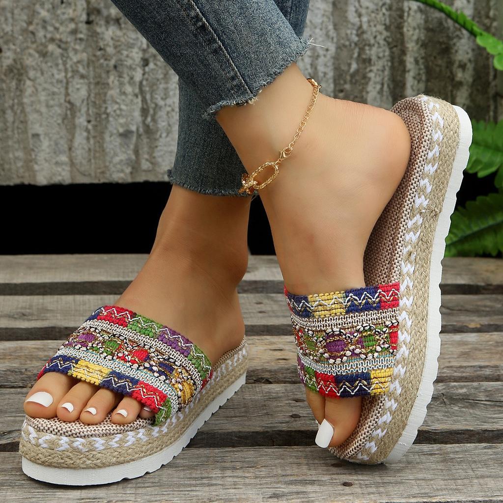 Foreign Trade Large Size New European and American Ethnic Style Slippers Women's Hemp Rope Thick Bottom Muffin Slippers Slippers