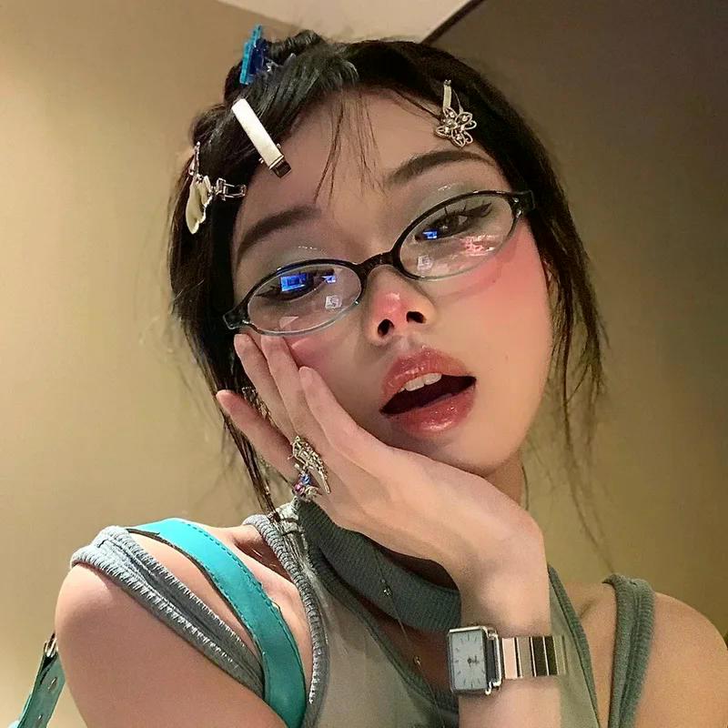 Women Vintage Retro Oval Shape Glasses Y2K Japanese and Korean Girls Red Color Green Frame Glass Eyewear Decorative Computer Anti-blue Eyeglasses