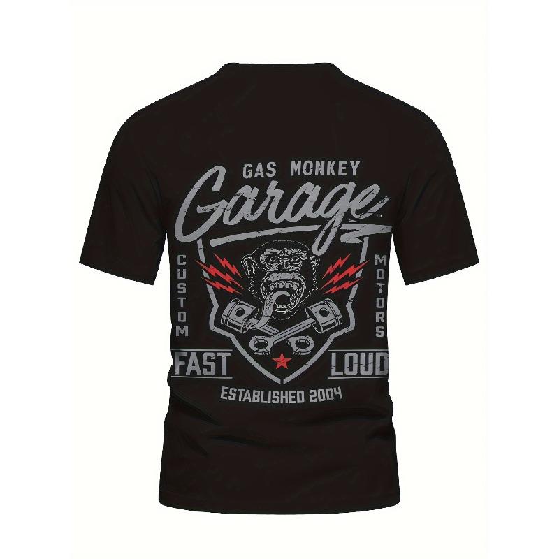 European Sizes Men'S Garage Theme Graphic T-Shirt with Gas Monkey & Car Slogan Print - 3D Print Retro Car Design, Short Sleeve Crew Neck Casual Tee
