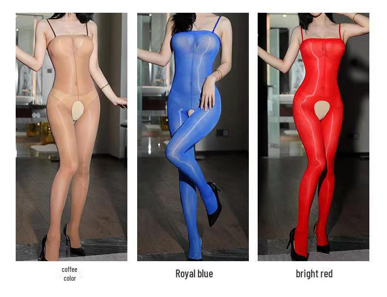 Silky High-Density Shiny Tube Top Bodysuit with Adjustable Straps and Stockings