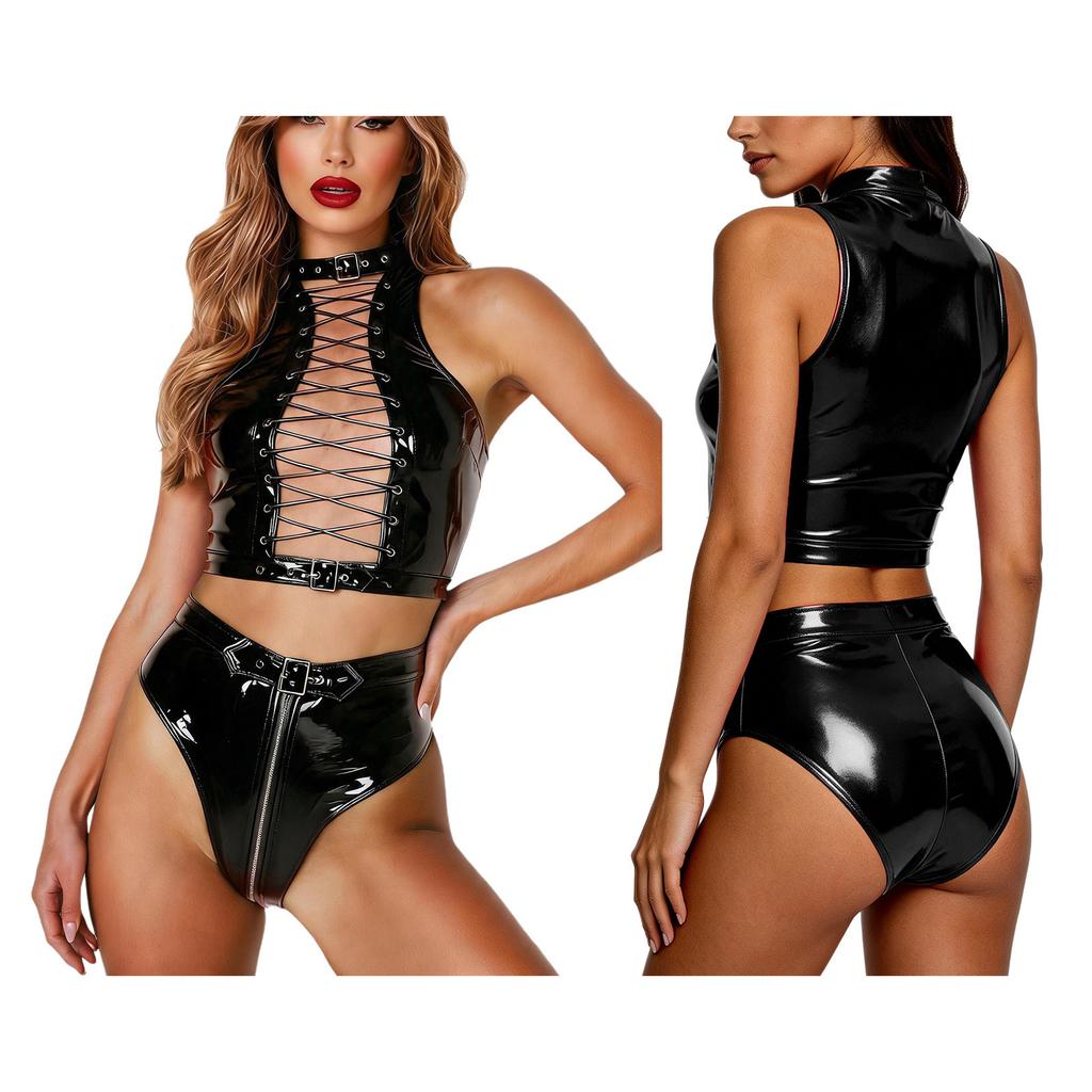 Women Hollow Out Front Tie Up Crop Top with Zipper Crotch High Waist Panties Glossy PU Leather Clubwear for Pole Dancing Rave Party
