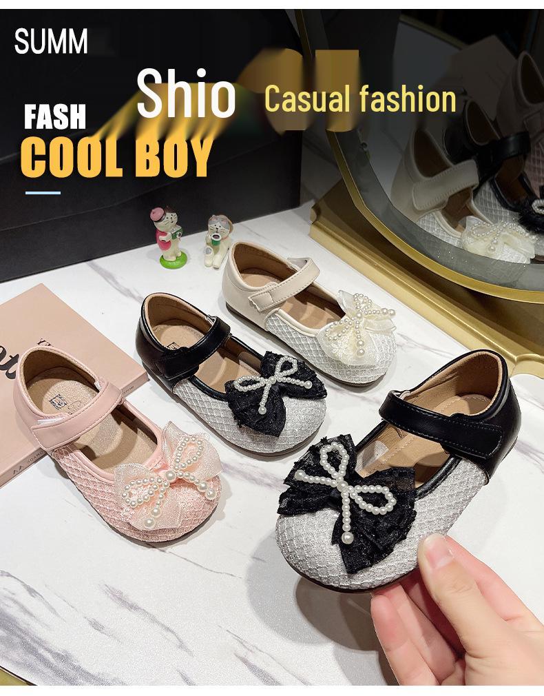 Kids' Princess Bow Shoes - Soft Sole, Pearl Accent, Spring/Autumn Style