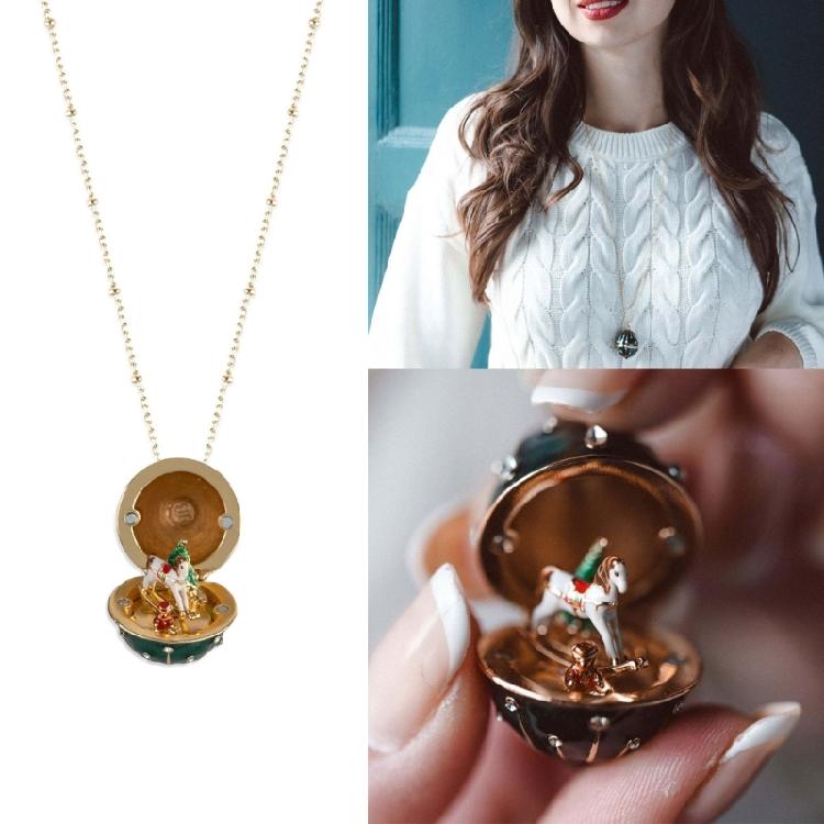 Eggs Opening Necklace Adorned By Miniature Person And Rainbow Horse Charm Vintage Copper Gold Coated Adjustable