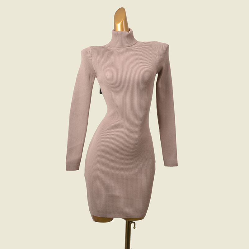 

Autumn and Winter Simple Inner wear Turtleneck Hip Skirt Western Style Sexy Slim fit Long sleeve Solid Bottoming Dress Khaki All yards