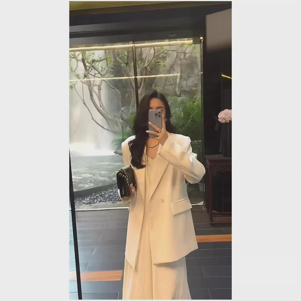 Costum de două piese pentru femei, mărime mare: Fustă lungă cu bretele și sacou pentru primăvară/toamnă