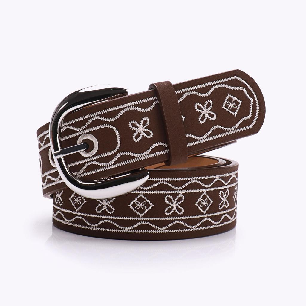 Chic American Retro Embroidered Women's Western Leather Belt - Fashionable, Versatile, and Perfect with Jeans.