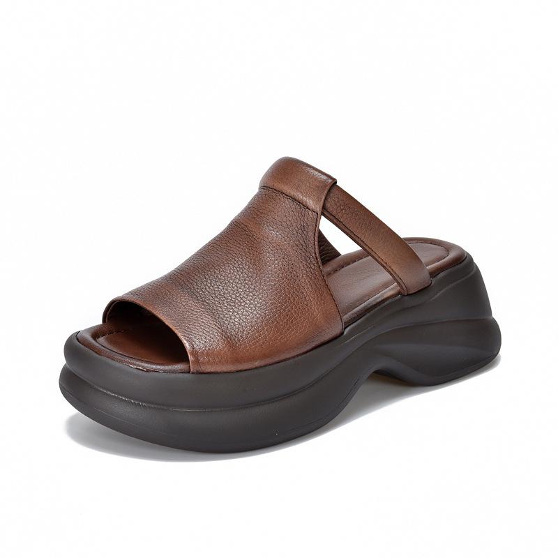 Johnature Lightweight And Thick Soled Genuine Leather Slippers Peep Toe Women's Platform Sandals