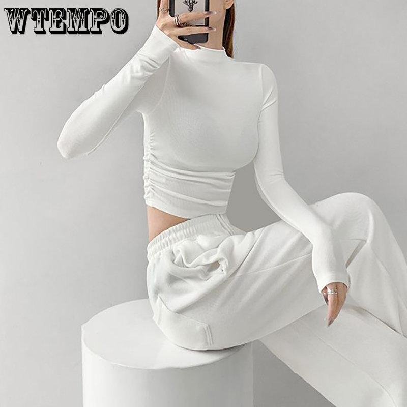 Ins Half High Neck Pleated Knitted Bottoming Shirts Women Stretchy Slim Thin Short Section Inside Long Sleeve Jumper Tops