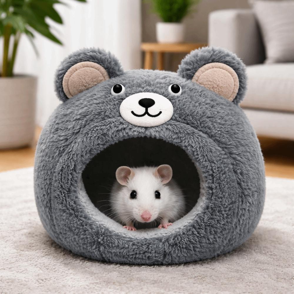 Cartoon Hamster Warm Nest Semi-enclosed Bear Shape Guinea Pig House Plush Windproof Hamster Cotton Nest Cage Accessories