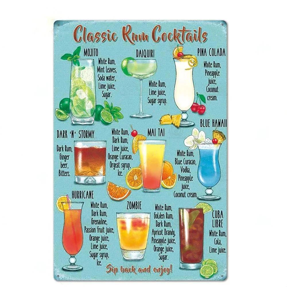 Cocktail Posters Decor Vintage Metal Tin Signs Plaque Metal Sign Wall Decor for Man Cave Bar Pub Club