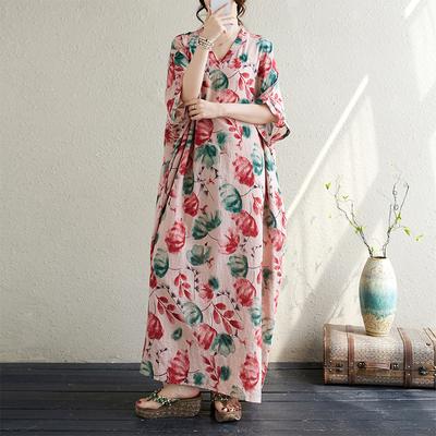 Summer Large Size Literary Floral Holiday Style Travel V-Neck Vintage Long Loose Cotton Linen Dresses