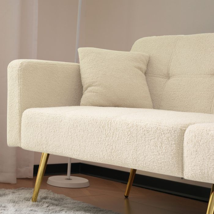 2 Seater Convertible Sofa, Adjustable Reclining Sofa Bed with Cushions and Side Storage Pockets - Lambswool - Beige