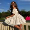 European American New Fashion Sexy Hot Girl Bubble Sleeves Sweet Print Lace Dress Women's