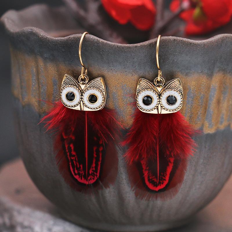 Vintage Cartoon Owl Peacock Feather Long Tassel Earrings Bohemian Ethnic Vacation Jewelry For Women