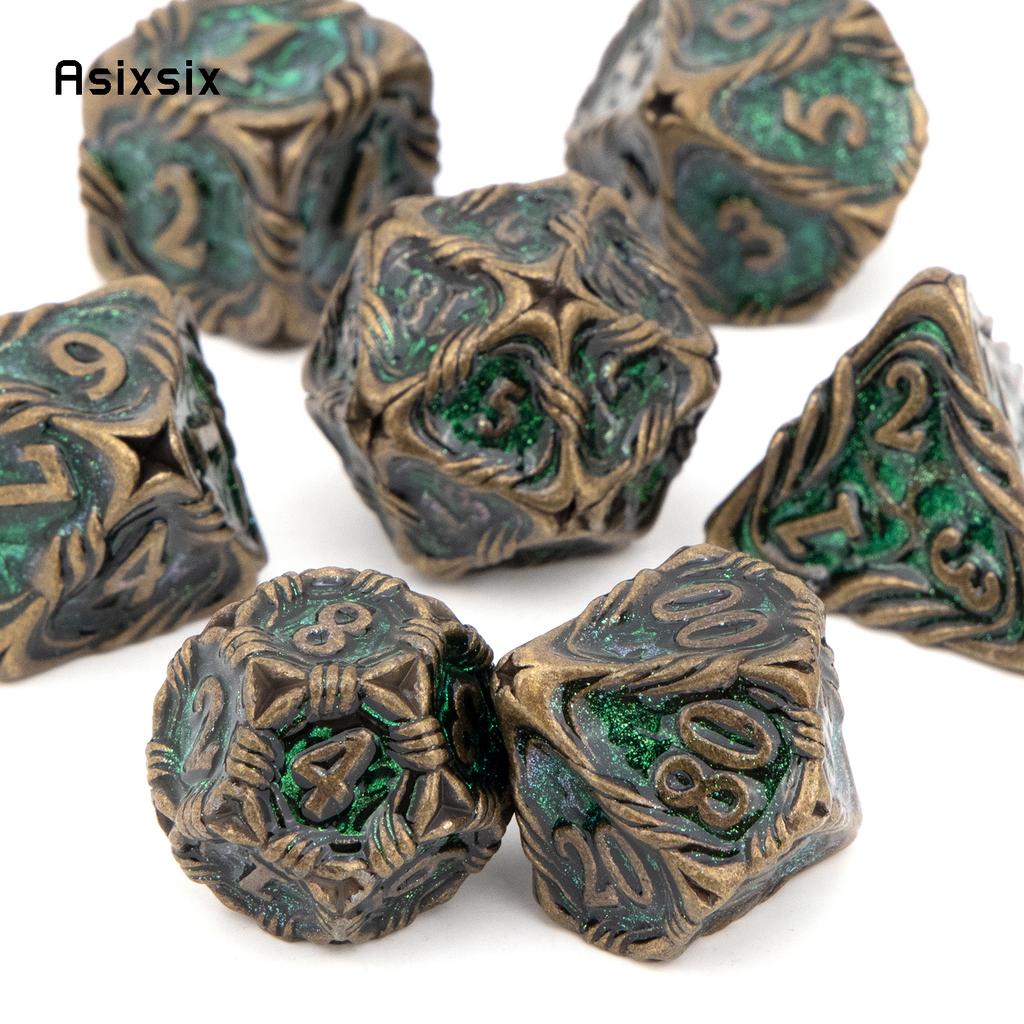 7 Pcs Yellow Green Tree Vine Metal Dice Solid Metal Polyhedral Dice Set Suitable for Role-Playing RPG Board Game Dice RPG