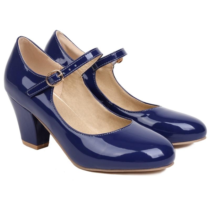 Women's Block High Heels Pumps Big Size 45 Lolita Mary Jane Shoes Elegant Black Red Pink Blue Heeled Office Wedding Shoes Ladies