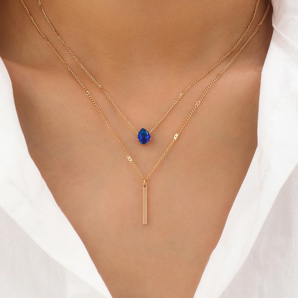 Personalized Fashion Double-Layer Stacked Water Drop-Shaped Small Diamond Long Fringed Pendant Necklace Two-Piece Set