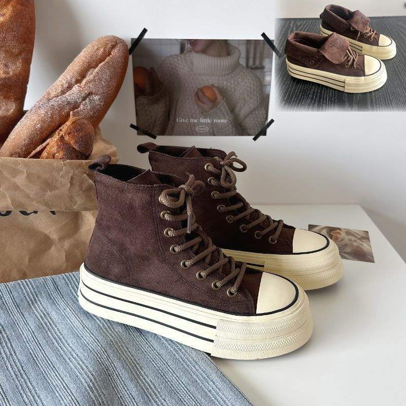 

Two wear niche high-top canvas shoes, women s thick-soled super-fire autumn and winter high-waisted leather surface waterproof, personalized versatile 40 темно-коричневого кольору