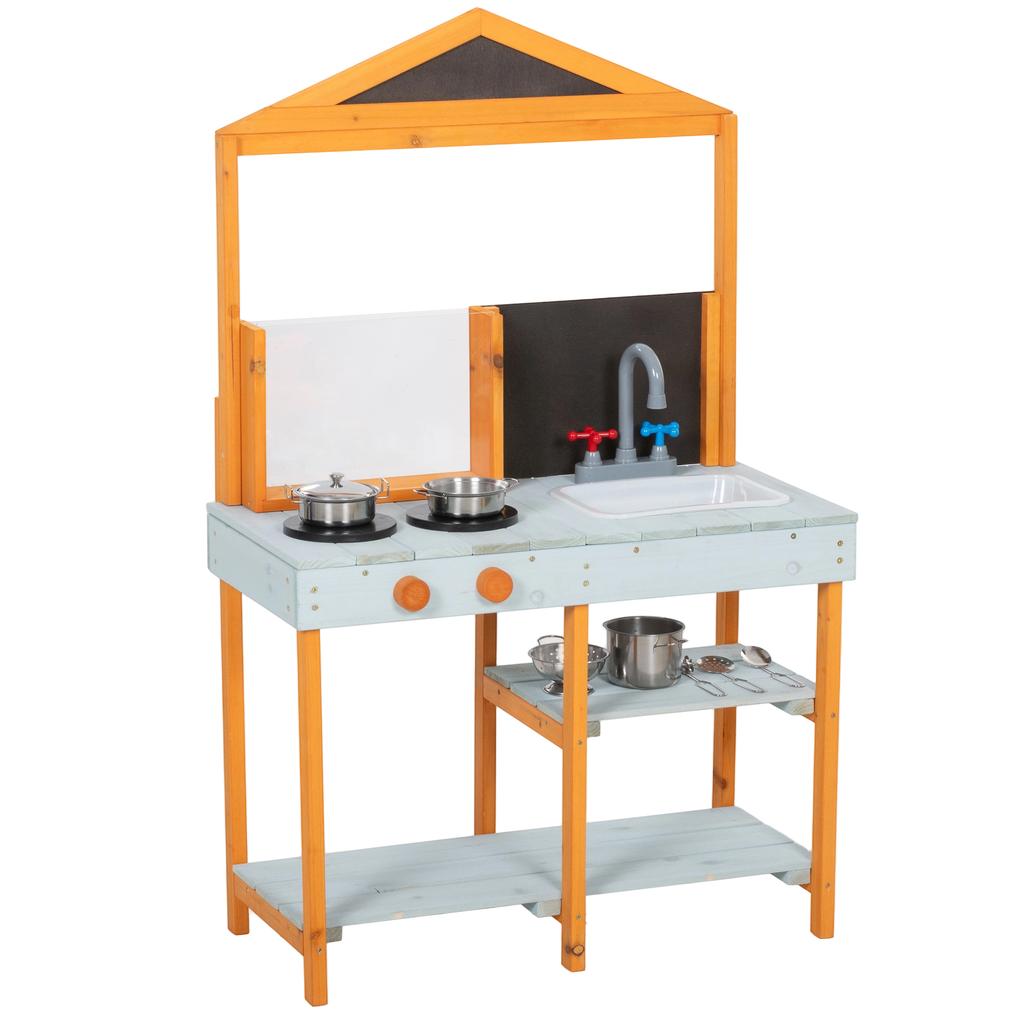 Cucina di Fango per Bambini, Cucina Giocattolo in Legno da Esterno con Lavello, Fornello, Pentolame, Mensole, Giocattolo per Giochi di Finzione per Età 3-8