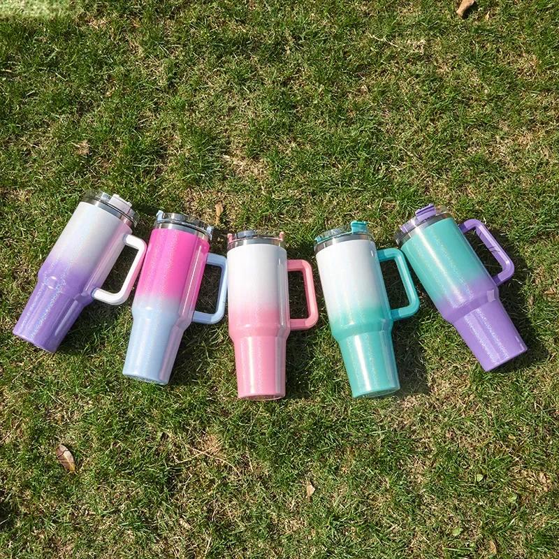 Handle Insulated Cup Ice Cream Cup Car Large Capacity Stainless Steel Rainbow Paint 40oz Car Cup Straw