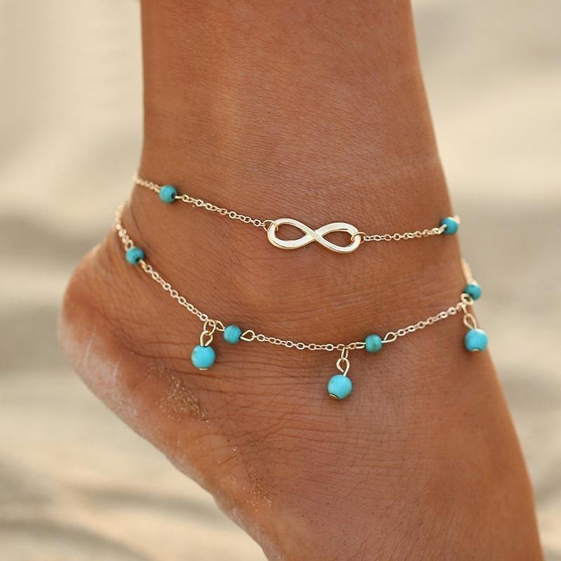 Double Infinite Beads Pendant Anklet Foot Chain Summer Bracelet Charm 2 Color Anklets Foot Jewelry Gift