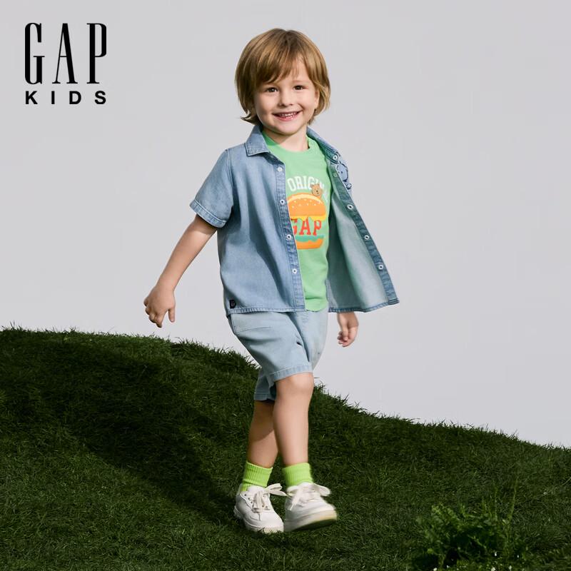 Gap Toddler Unisex Bear Embroidery Denim Short Sleeve Shirt
