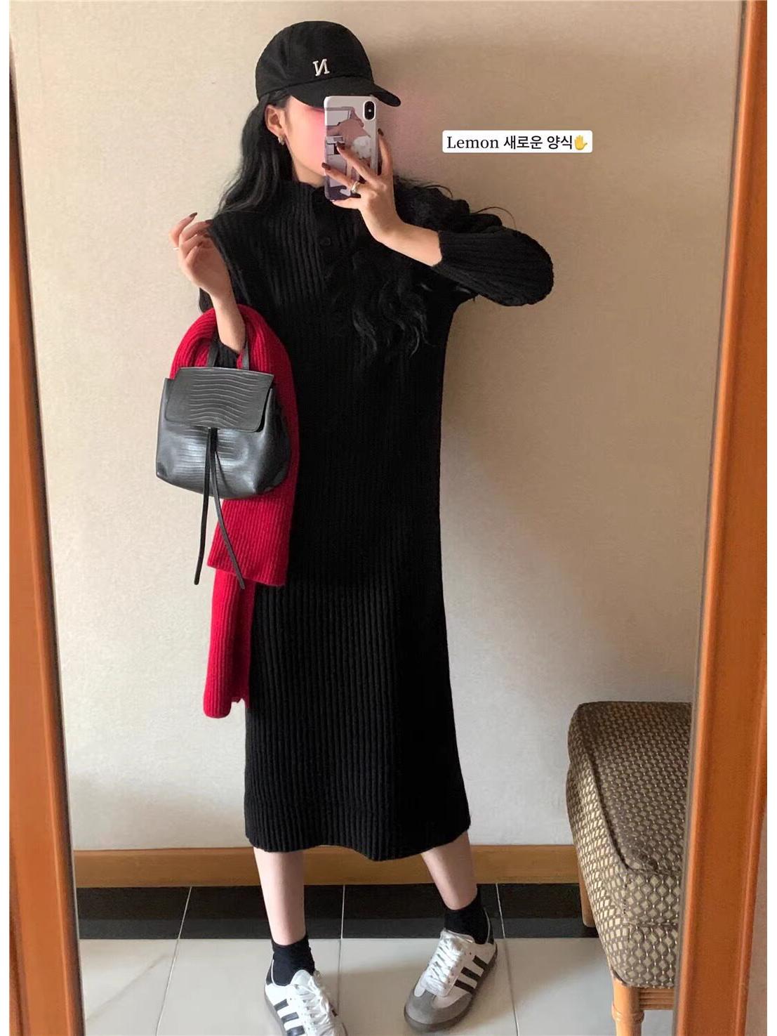 

Plus Size Korean Ribbed Knit Stand Collar Sweater Dress - Mid-Length Pullover for Autumn/Winter 2XL чёрный