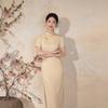 New Chinese style light yellow beautiful cheongsam waist embroidery high-end temperament 1011 summer daily dress women