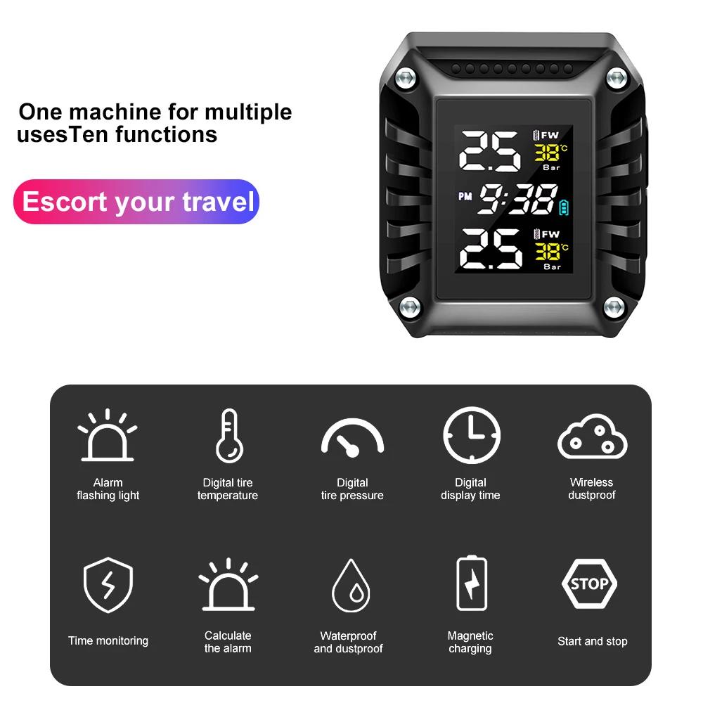 Kabelloses Motorrad TPMS Motorrad Reifendrucküberwachungssystem mit Reifentemperatur-Alarm und 2 externen Sensoren Zeitanzeige