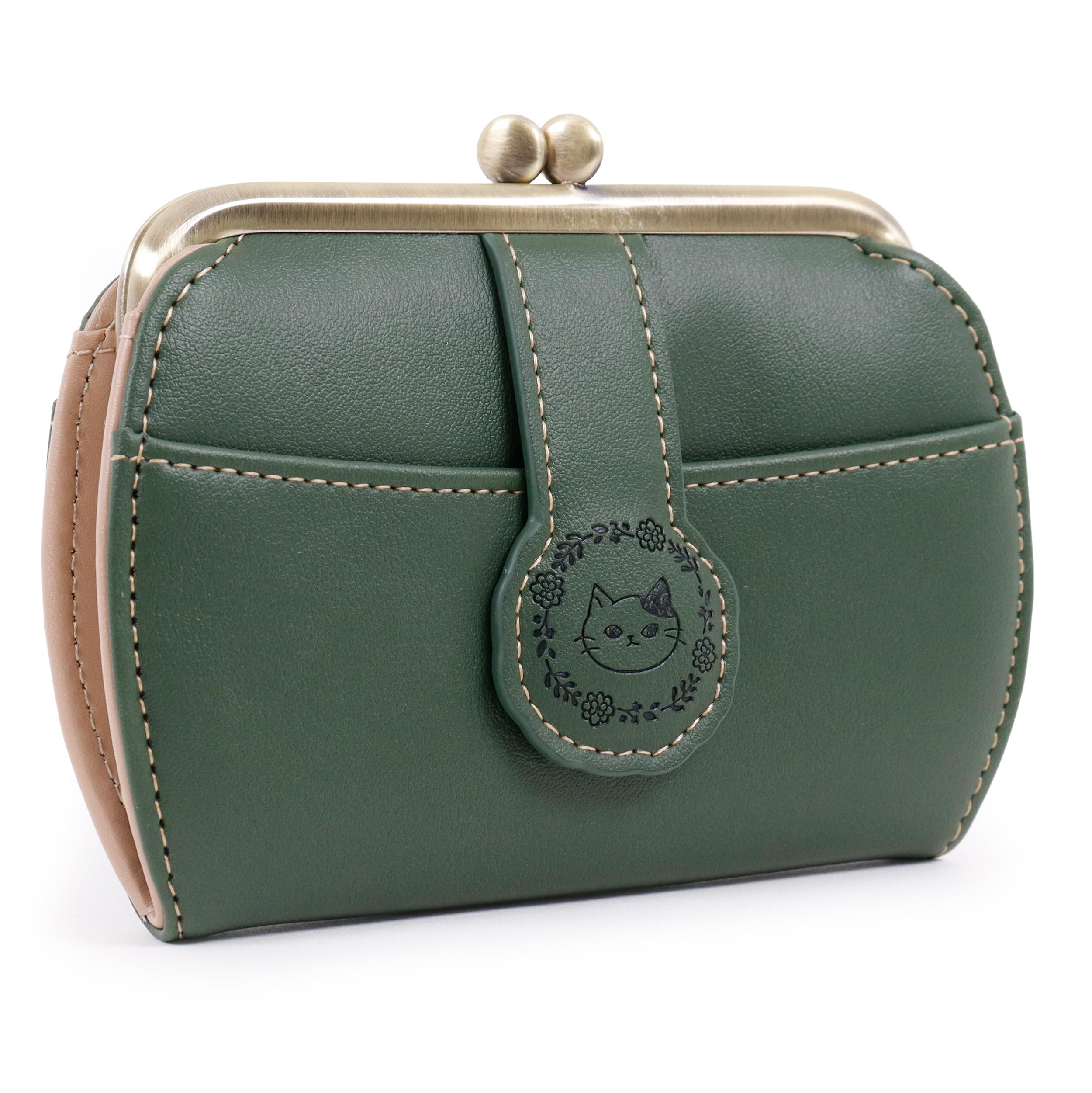 Chanfee Cat Purse with Accordion Cute Wreath and Character Embossed Design Women s Design, Pattern, Belt, (Green) зелёный