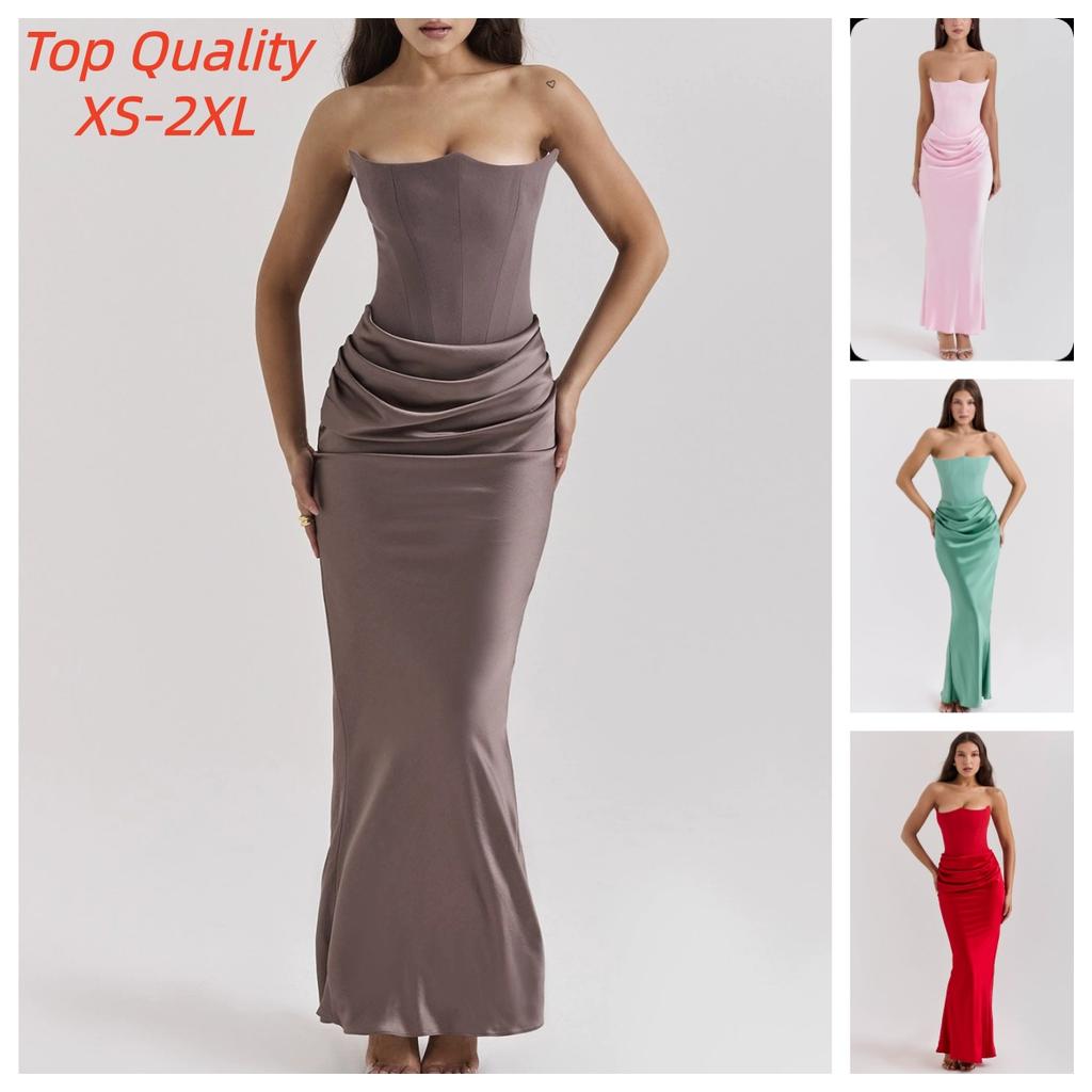 Sexy Satin Evening Club Party Dresses Women 2026 Summer Strapless Off Shoulder Fishbone Ruched Maxi Long Dress Elegant Robe