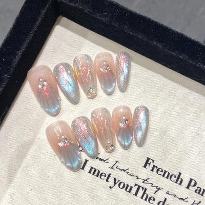 Glitter Press On Nails Almond Fake Nails with Sparkly Design Glue On False Nails Press Ons Acrylic Nails Glossy Full Cover Stick On Nails for Women