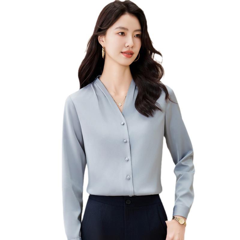 Women's White V-Neck Chiffon Shirt: Formal Spring/Autumn Wear for Interviews and Office.