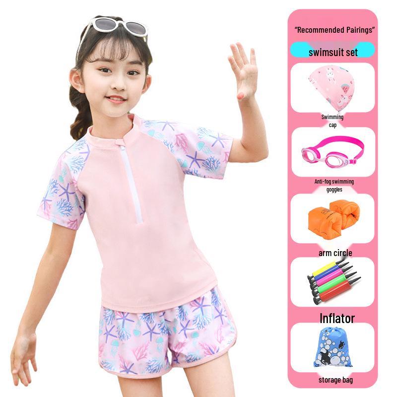 2025 New Japanese Floral Girls' Swimsuit Set with Swim Cap for Training
