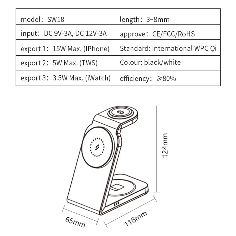 SW18 Magnetic 3-in-1 Metal Wireless Charger Desktop Charging Stand for Phone Earphone Smartwatch