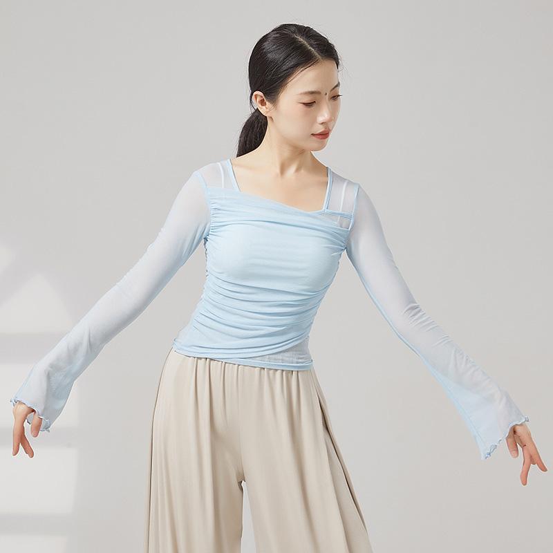 Mesh Classical Dance Top See Through Long Flared Sleeve Shirt Yoga Chinese Folk Dance Costume Summer Modern Dance Clothes S синий