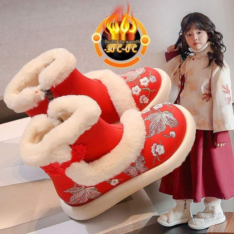 Girls' Hanfu Cotton Boots - 2026 New Flower Embroidery, Chinese-Style Soft Sole, Short Fairy Boots