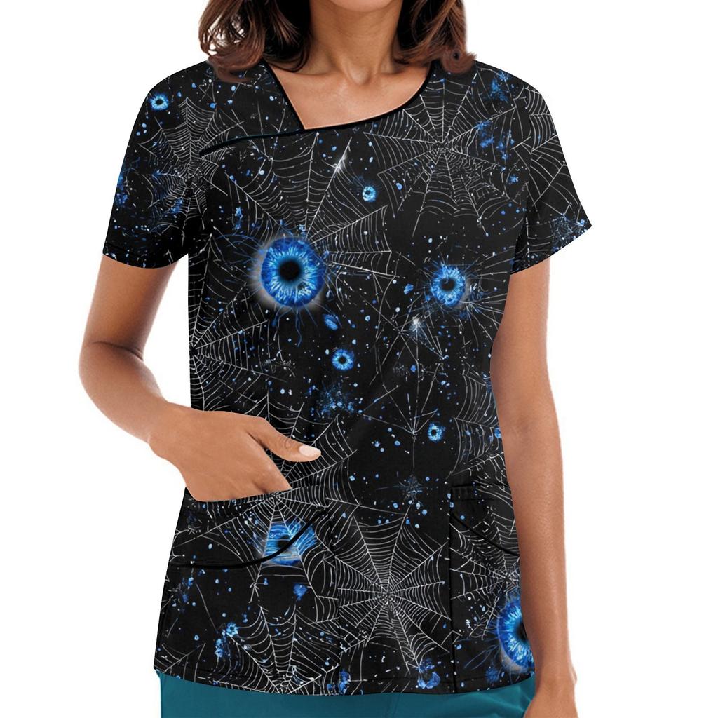 Damen Bedruckte Arbeitskleidung, Schräger Kragen und Doppellagige Taschen, Basic Oberteil Pullover