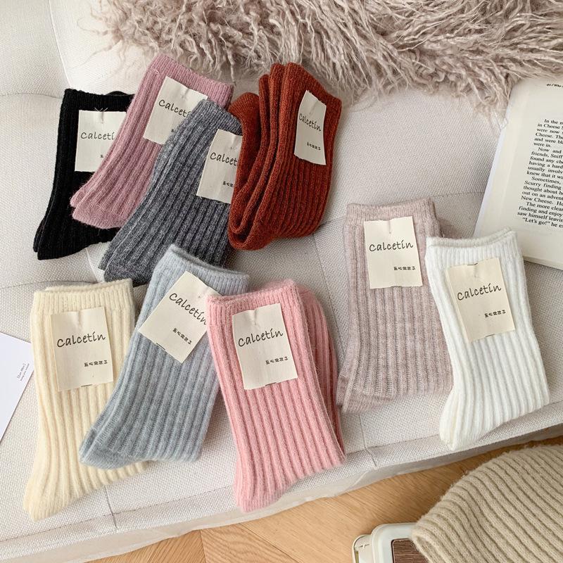 Women's Japanese Style Wool Socks, Thick Mid-Calf, Solid Color, Versatile, Warm for Autumn & Winter