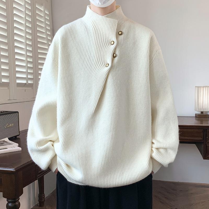 Pullover Autumn and Winter Solid Color Irregular Button Half Turtleneck Sweater Men's Korean Knitted Top