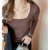 Cotton Long Sleeve T-shirt Spring and Autumn New Base Shirt Ladies with Slim Square Collar Senior Sense Can Be Worn Outside The Top