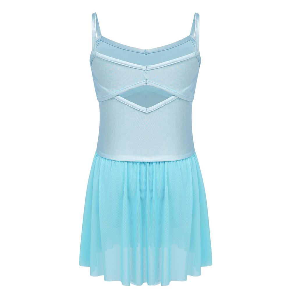 Youth Ballet Dress with Strappy Back Cross Detail Ruched Front Mesh and Built-in Underwear for Dance Competition Stage Wear