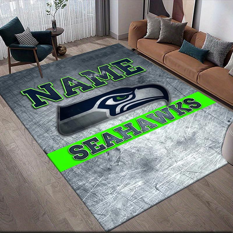 Custom Name,Seattle Seahawks Home Sofa Decoration for Living Room & Bedroom, Non‑Slip Play Flannel Floor Mat for Game Room