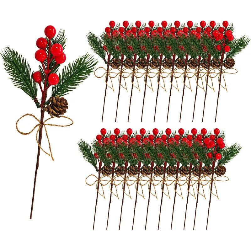 Artificial Christmas Red Berry Pine Needle Faux Greenery Stem for Wreath Garland Tree Decoration Home Decor DIY Supplies Festive