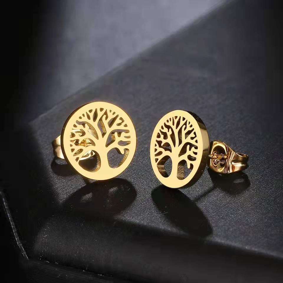 Women's Titanium Steel Tree of Life Dangle Earrings - 18K Gold, European & American Fashion Jewelry.