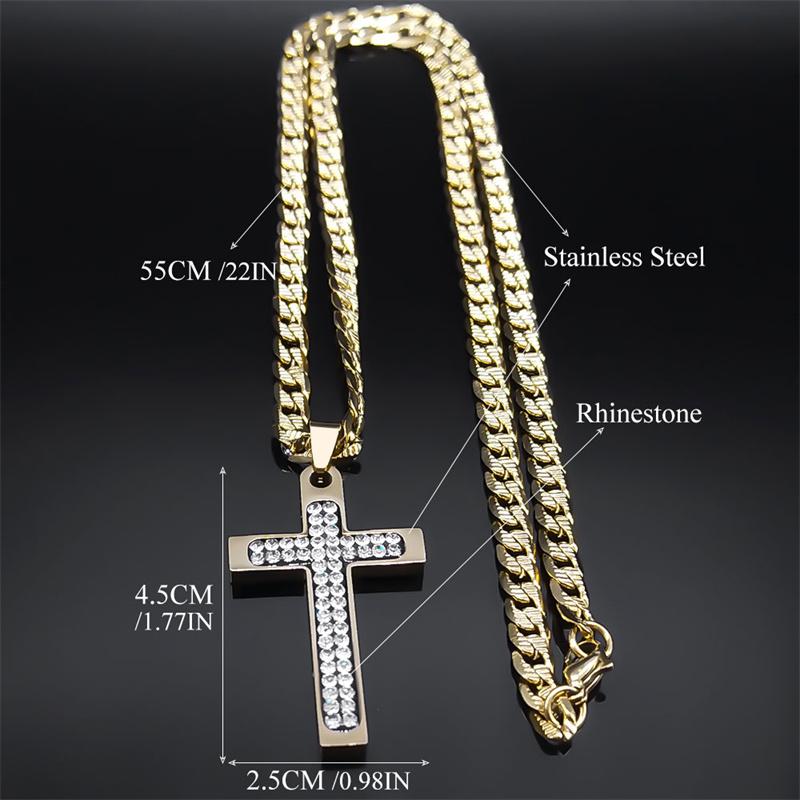 Christian Crystal Cross Pendant Necklace for Men Women Stainless Steel Gold Color Rhinestone Religion Necklaces Jewelry NZZZ493