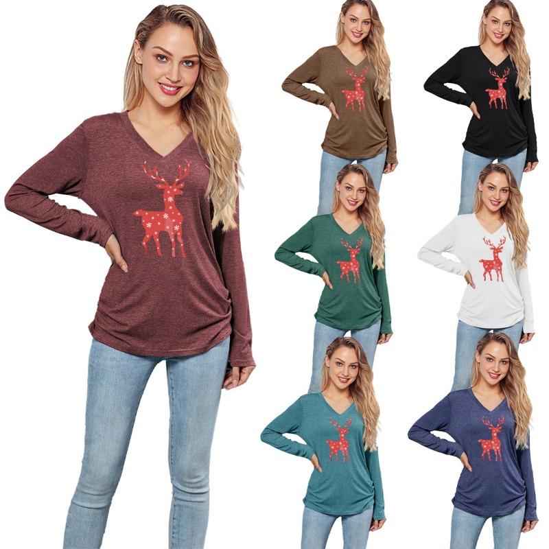 Women's Fashion Casual Solid Color Print Long Sleeve V Neck Blouses & Shirts