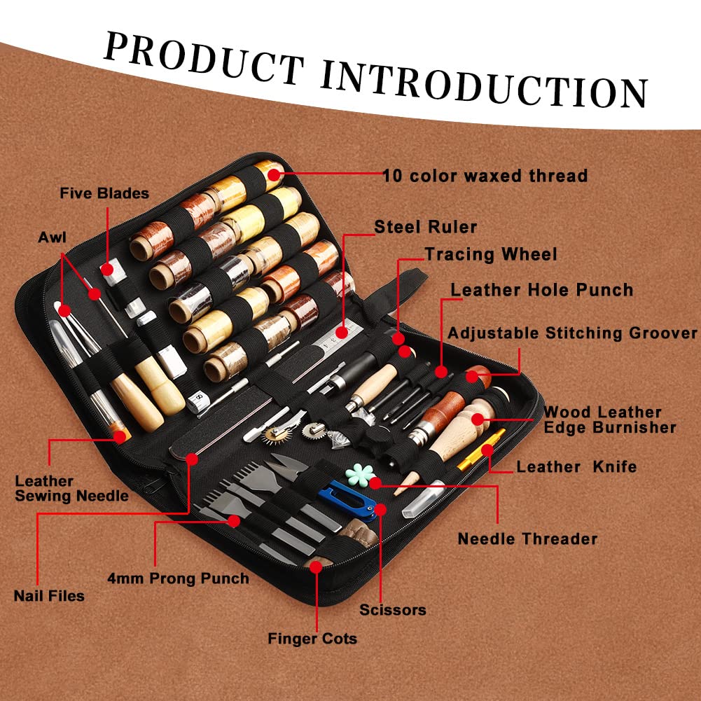 Fenrry Leather Working Tools Leather Stitching Kit Upholstery Repair Kit with Waxed Thread Awl for Beginners Craft DIY Sewing