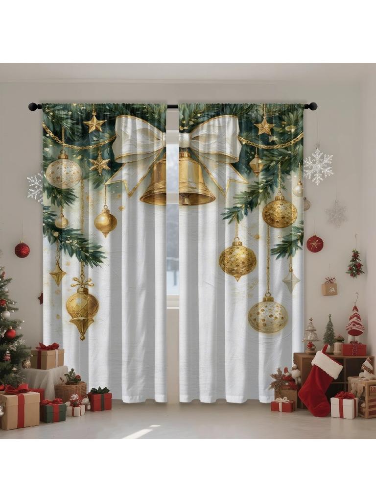 2 Stück Luxus Goldene Weihnachtsornament & Schleifenmuster Vorhänge, Entworfen zur Lichtblockierung, Premium-Material, Geeignet für Ch